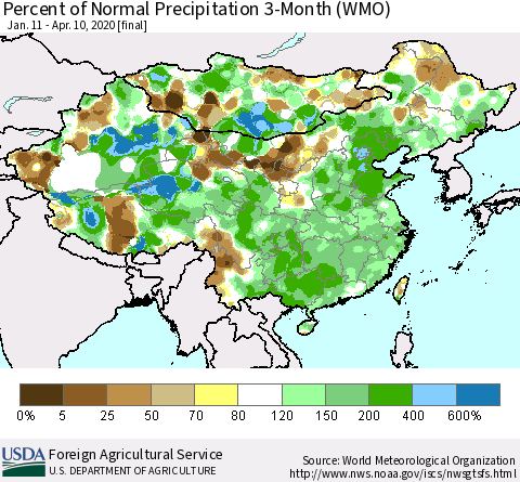 China, Mongolia and Taiwan Percent of Normal Precipitation 3-Month (WMO) Thematic Map For 1/11/2020 - 4/10/2020