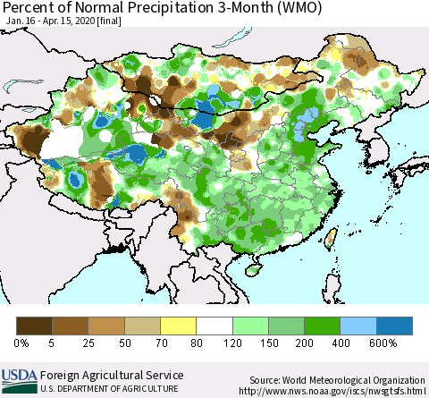 China, Mongolia and Taiwan Percent of Normal Precipitation 3-Month (WMO) Thematic Map For 1/16/2020 - 4/15/2020