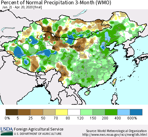 China, Mongolia and Taiwan Percent of Normal Precipitation 3-Month (WMO) Thematic Map For 1/21/2020 - 4/20/2020