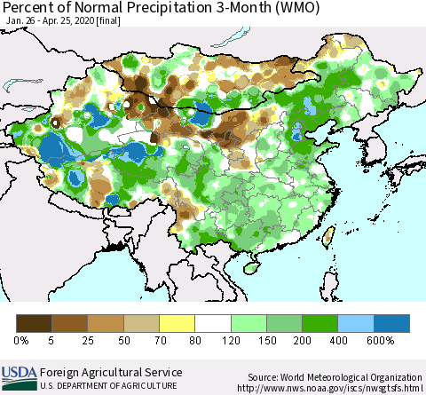 China, Mongolia and Taiwan Percent of Normal Precipitation 3-Month (WMO) Thematic Map For 1/26/2020 - 4/25/2020