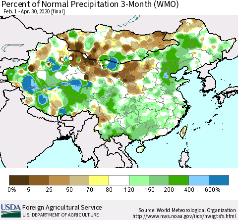 China, Mongolia and Taiwan Percent of Normal Precipitation 3-Month (WMO) Thematic Map For 2/1/2020 - 4/30/2020