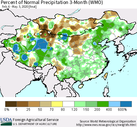 China, Mongolia and Taiwan Percent of Normal Precipitation 3-Month (WMO) Thematic Map For 2/6/2020 - 5/5/2020