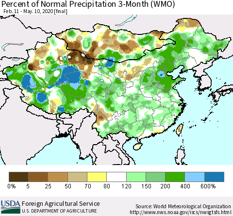 China, Mongolia and Taiwan Percent of Normal Precipitation 3-Month (WMO) Thematic Map For 2/11/2020 - 5/10/2020