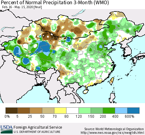 China, Mongolia and Taiwan Percent of Normal Precipitation 3-Month (WMO) Thematic Map For 2/16/2020 - 5/15/2020