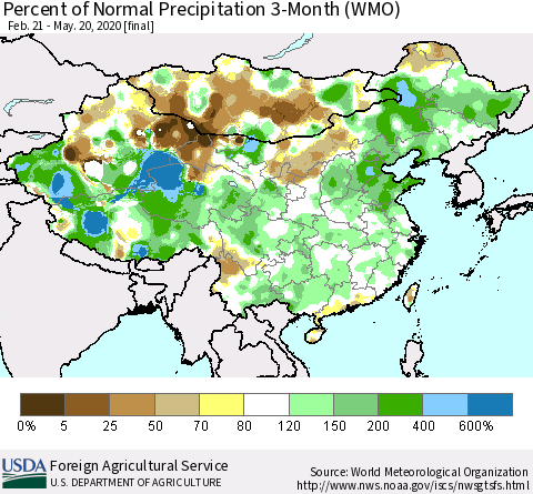 China, Mongolia and Taiwan Percent of Normal Precipitation 3-Month (WMO) Thematic Map For 2/21/2020 - 5/20/2020