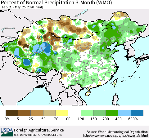 China, Mongolia and Taiwan Percent of Normal Precipitation 3-Month (WMO) Thematic Map For 2/26/2020 - 5/25/2020