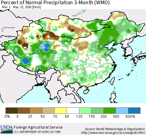 China, Mongolia and Taiwan Percent of Normal Precipitation 3-Month (WMO) Thematic Map For 3/1/2020 - 5/31/2020