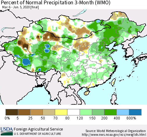 China, Mongolia and Taiwan Percent of Normal Precipitation 3-Month (WMO) Thematic Map For 3/6/2020 - 6/5/2020