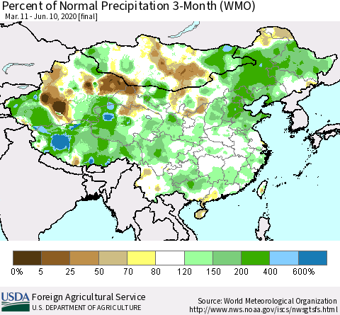 China, Mongolia and Taiwan Percent of Normal Precipitation 3-Month (WMO) Thematic Map For 3/11/2020 - 6/10/2020