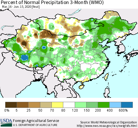China, Mongolia and Taiwan Percent of Normal Precipitation 3-Month (WMO) Thematic Map For 3/16/2020 - 6/15/2020