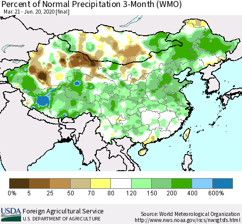 China, Mongolia and Taiwan Percent of Normal Precipitation 3-Month (WMO) Thematic Map For 3/21/2020 - 6/20/2020