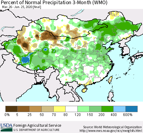 China, Mongolia and Taiwan Percent of Normal Precipitation 3-Month (WMO) Thematic Map For 3/26/2020 - 6/25/2020