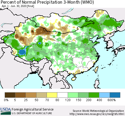 China, Mongolia and Taiwan Percent of Normal Precipitation 3-Month (WMO) Thematic Map For 4/1/2020 - 6/30/2020