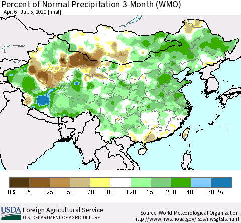 China, Mongolia and Taiwan Percent of Normal Precipitation 3-Month (WMO) Thematic Map For 4/6/2020 - 7/5/2020
