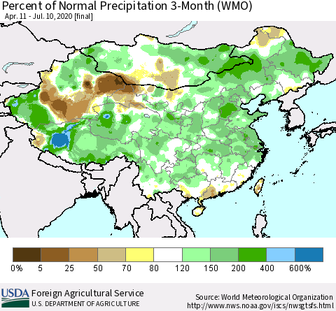 China, Mongolia and Taiwan Percent of Normal Precipitation 3-Month (WMO) Thematic Map For 4/11/2020 - 7/10/2020