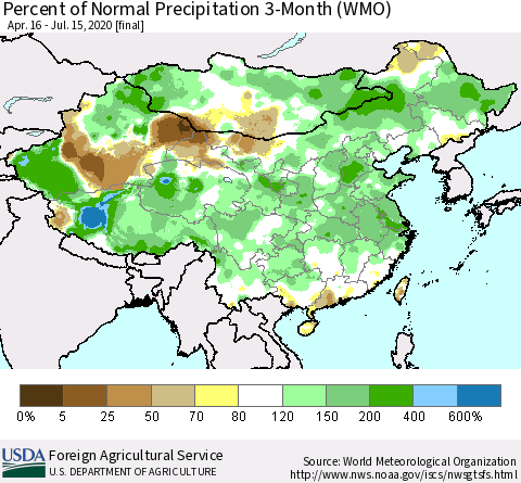China, Mongolia and Taiwan Percent of Normal Precipitation 3-Month (WMO) Thematic Map For 4/16/2020 - 7/15/2020