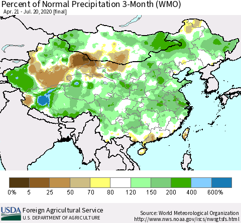 China, Mongolia and Taiwan Percent of Normal Precipitation 3-Month (WMO) Thematic Map For 4/21/2020 - 7/20/2020