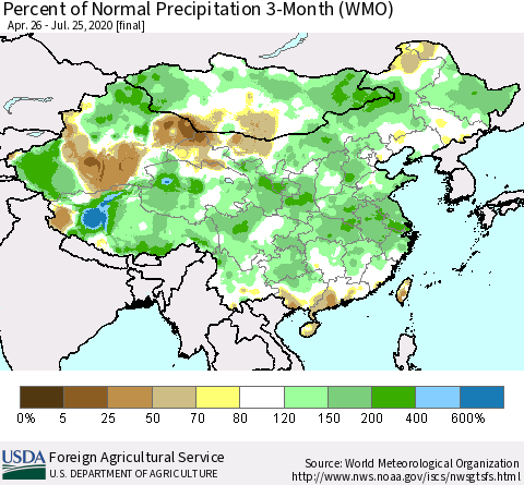 China, Mongolia and Taiwan Percent of Normal Precipitation 3-Month (WMO) Thematic Map For 4/26/2020 - 7/25/2020