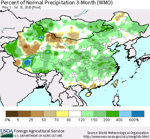 China, Mongolia and Taiwan Percent of Normal Precipitation 3-Month (WMO) Thematic Map For 5/1/2020 - 7/31/2020