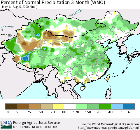China, Mongolia and Taiwan Percent of Normal Precipitation 3-Month (WMO) Thematic Map For 5/6/2020 - 8/5/2020