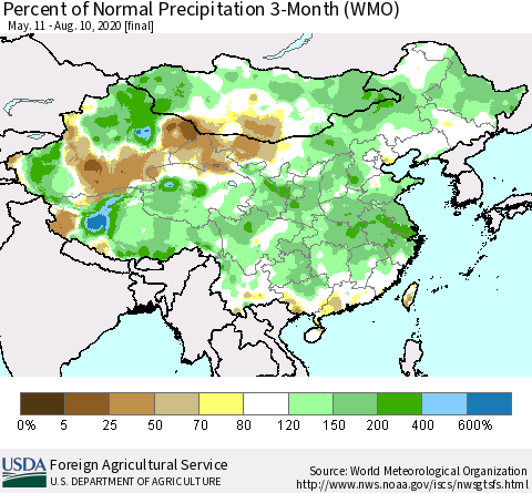 China, Mongolia and Taiwan Percent of Normal Precipitation 3-Month (WMO) Thematic Map For 5/11/2020 - 8/10/2020