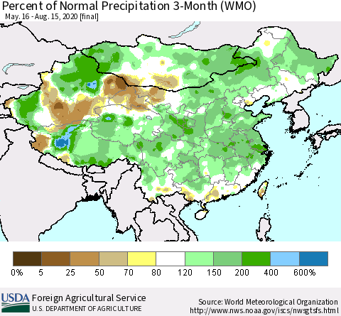 China, Mongolia and Taiwan Percent of Normal Precipitation 3-Month (WMO) Thematic Map For 5/16/2020 - 8/15/2020