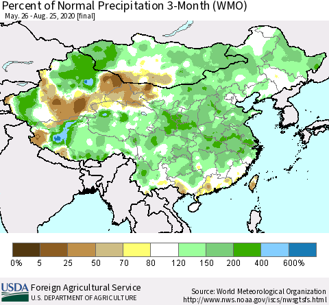 China, Mongolia and Taiwan Percent of Normal Precipitation 3-Month (WMO) Thematic Map For 5/26/2020 - 8/25/2020
