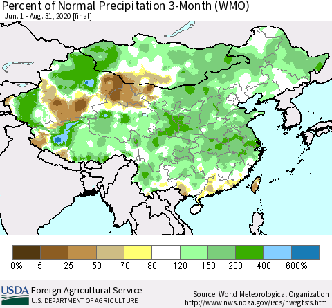 China, Mongolia and Taiwan Percent of Normal Precipitation 3-Month (WMO) Thematic Map For 6/1/2020 - 8/31/2020