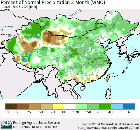 China, Mongolia and Taiwan Percent of Normal Precipitation 3-Month (WMO) Thematic Map For 6/6/2020 - 9/5/2020