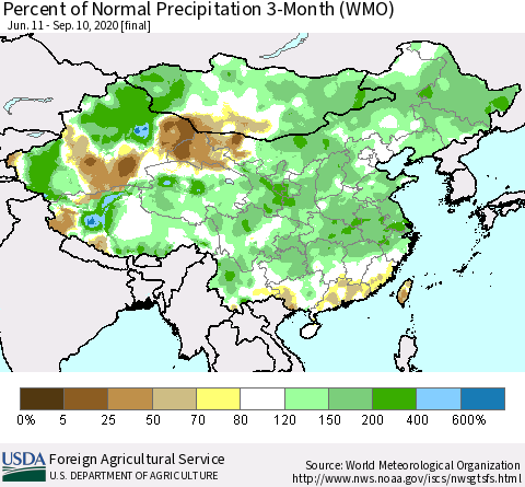 China, Mongolia and Taiwan Percent of Normal Precipitation 3-Month (WMO) Thematic Map For 6/11/2020 - 9/10/2020