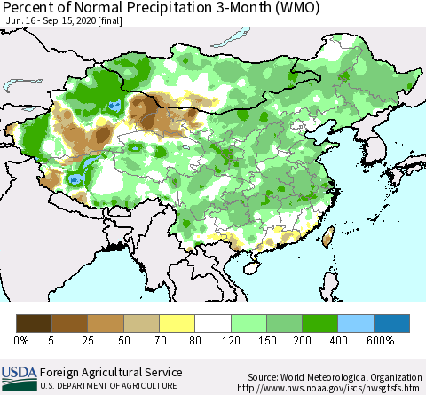 China, Mongolia and Taiwan Percent of Normal Precipitation 3-Month (WMO) Thematic Map For 6/16/2020 - 9/15/2020