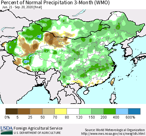 China, Mongolia and Taiwan Percent of Normal Precipitation 3-Month (WMO) Thematic Map For 6/21/2020 - 9/20/2020