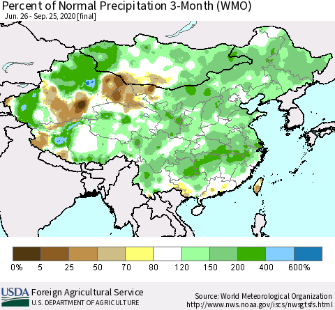 China, Mongolia and Taiwan Percent of Normal Precipitation 3-Month (WMO) Thematic Map For 6/26/2020 - 9/25/2020
