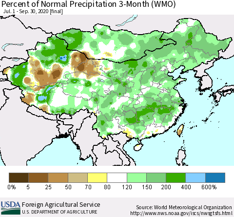 China, Mongolia and Taiwan Percent of Normal Precipitation 3-Month (WMO) Thematic Map For 7/1/2020 - 9/30/2020