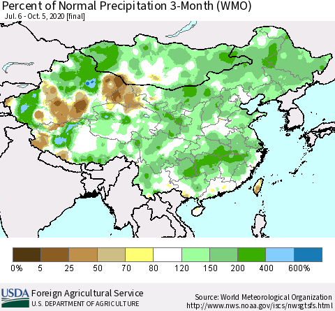 China, Mongolia and Taiwan Percent of Normal Precipitation 3-Month (WMO) Thematic Map For 7/6/2020 - 10/5/2020