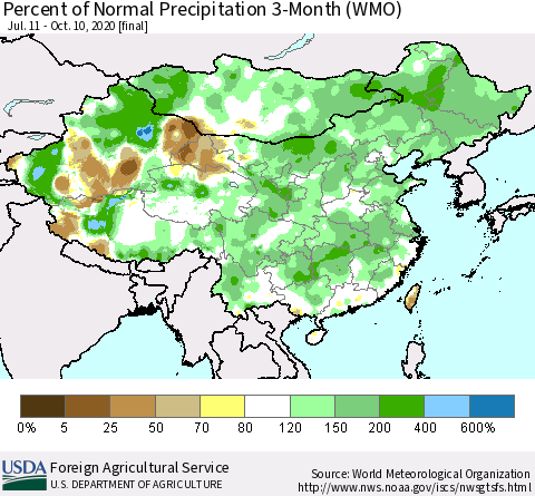 China, Mongolia and Taiwan Percent of Normal Precipitation 3-Month (WMO) Thematic Map For 7/11/2020 - 10/10/2020