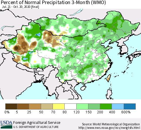 China, Mongolia and Taiwan Percent of Normal Precipitation 3-Month (WMO) Thematic Map For 7/21/2020 - 10/20/2020