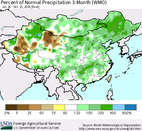 China, Mongolia and Taiwan Percent of Normal Precipitation 3-Month (WMO) Thematic Map For 7/26/2020 - 10/25/2020