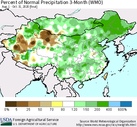 China, Mongolia and Taiwan Percent of Normal Precipitation 3-Month (WMO) Thematic Map For 8/1/2020 - 10/31/2020