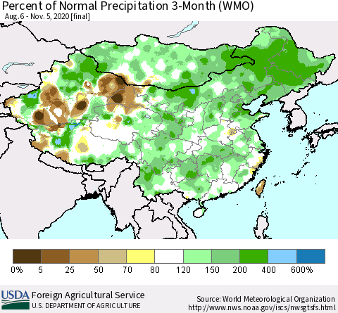 China, Mongolia and Taiwan Percent of Normal Precipitation 3-Month (WMO) Thematic Map For 8/6/2020 - 11/5/2020