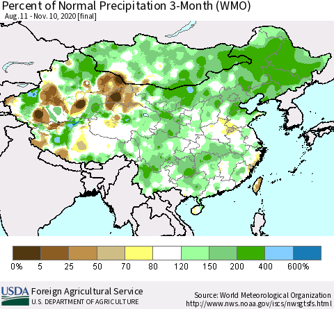 China, Mongolia and Taiwan Percent of Normal Precipitation 3-Month (WMO) Thematic Map For 8/11/2020 - 11/10/2020