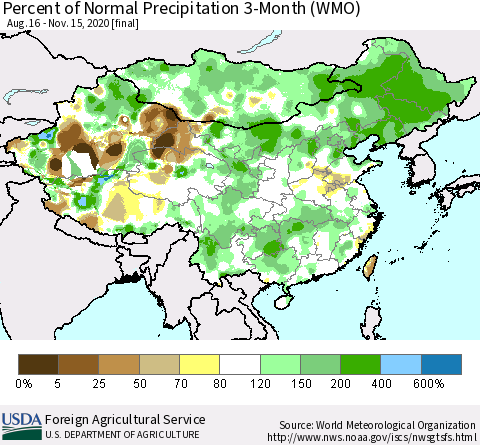China, Mongolia and Taiwan Percent of Normal Precipitation 3-Month (WMO) Thematic Map For 8/16/2020 - 11/15/2020