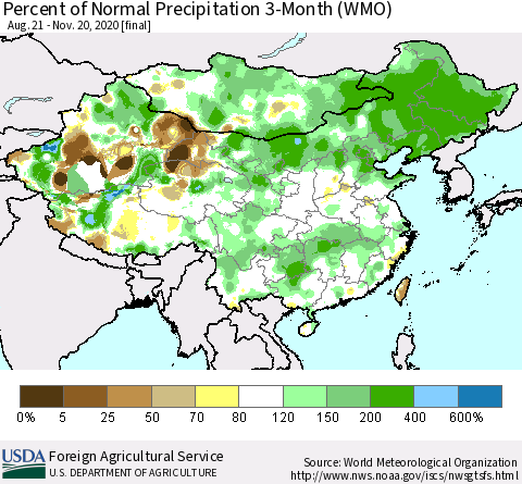 China, Mongolia and Taiwan Percent of Normal Precipitation 3-Month (WMO) Thematic Map For 8/21/2020 - 11/20/2020