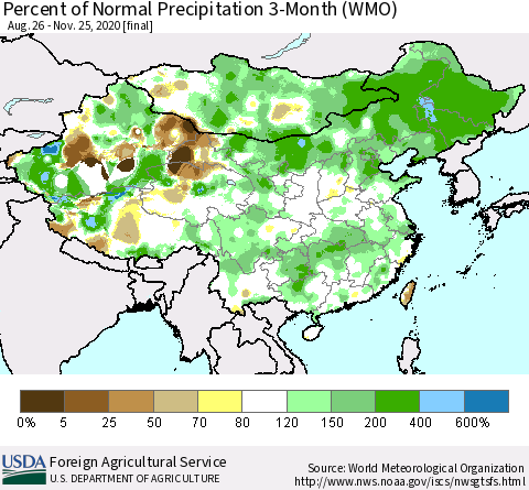 China, Mongolia and Taiwan Percent of Normal Precipitation 3-Month (WMO) Thematic Map For 8/26/2020 - 11/25/2020