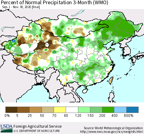 China, Mongolia and Taiwan Percent of Normal Precipitation 3-Month (WMO) Thematic Map For 9/1/2020 - 11/30/2020