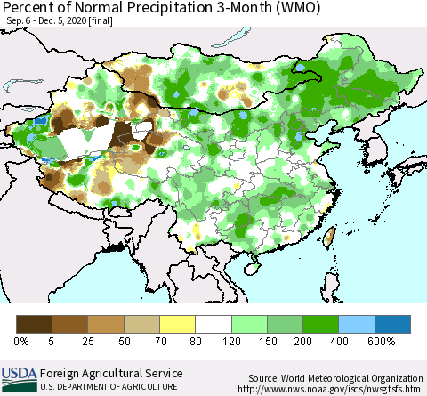 China, Mongolia and Taiwan Percent of Normal Precipitation 3-Month (WMO) Thematic Map For 9/6/2020 - 12/5/2020
