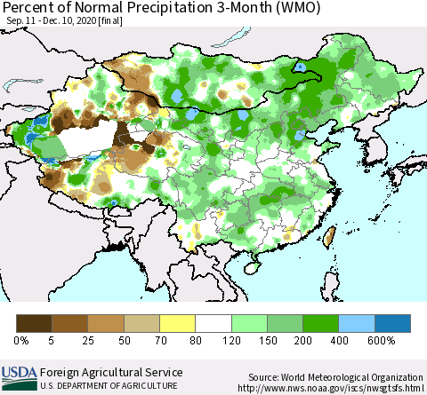 China, Mongolia and Taiwan Percent of Normal Precipitation 3-Month (WMO) Thematic Map For 9/11/2020 - 12/10/2020