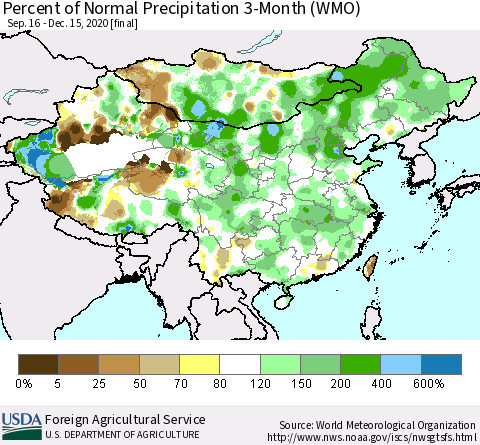 China, Mongolia and Taiwan Percent of Normal Precipitation 3-Month (WMO) Thematic Map For 9/16/2020 - 12/15/2020