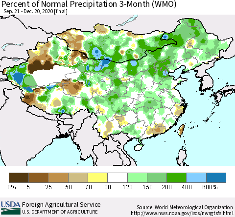 China, Mongolia and Taiwan Percent of Normal Precipitation 3-Month (WMO) Thematic Map For 9/21/2020 - 12/20/2020