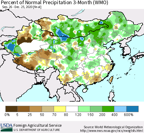 China, Mongolia and Taiwan Percent of Normal Precipitation 3-Month (WMO) Thematic Map For 9/26/2020 - 12/25/2020